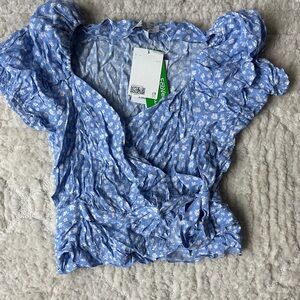 & Other Stories Light Blue Floral Wrap Blouse with Puff Sleeves